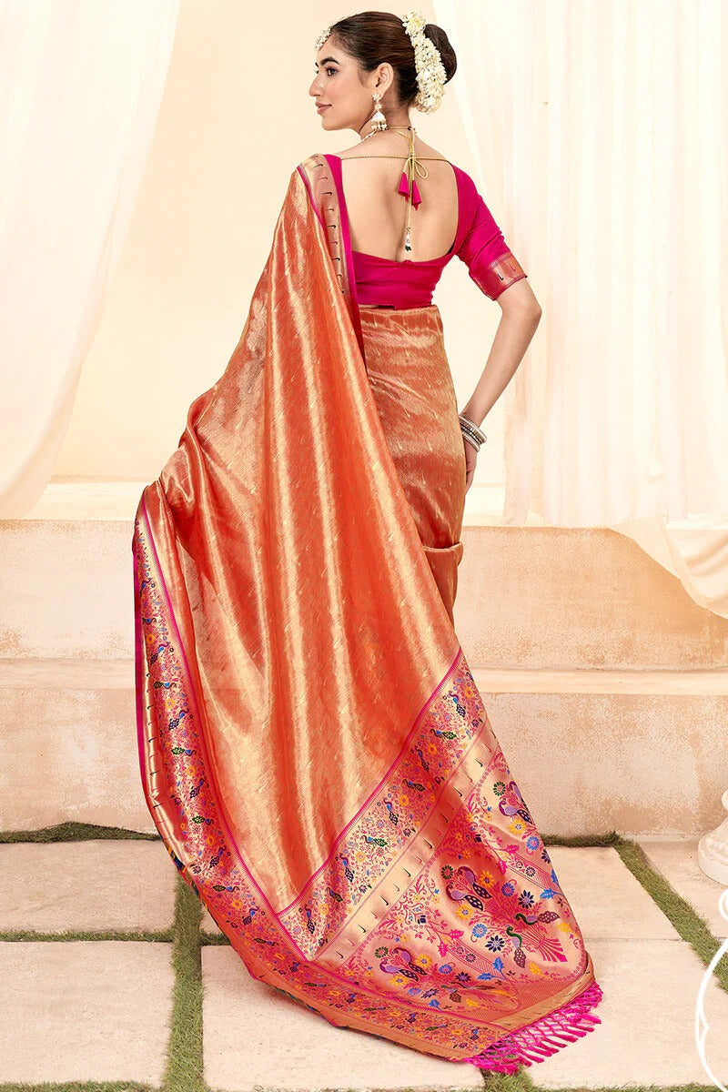 Lavnya Orange Pure Paithani Tissue Silk Weaving Saree