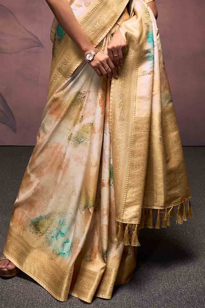 Rangrezza Beige Soft Silk Printed Saree