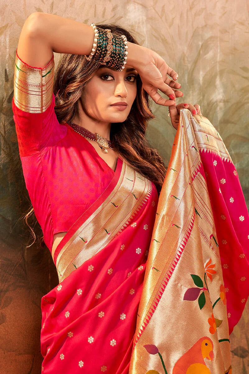 Pavitra Cherry Pink Pure Paithani Silk Zari Weaving Saree