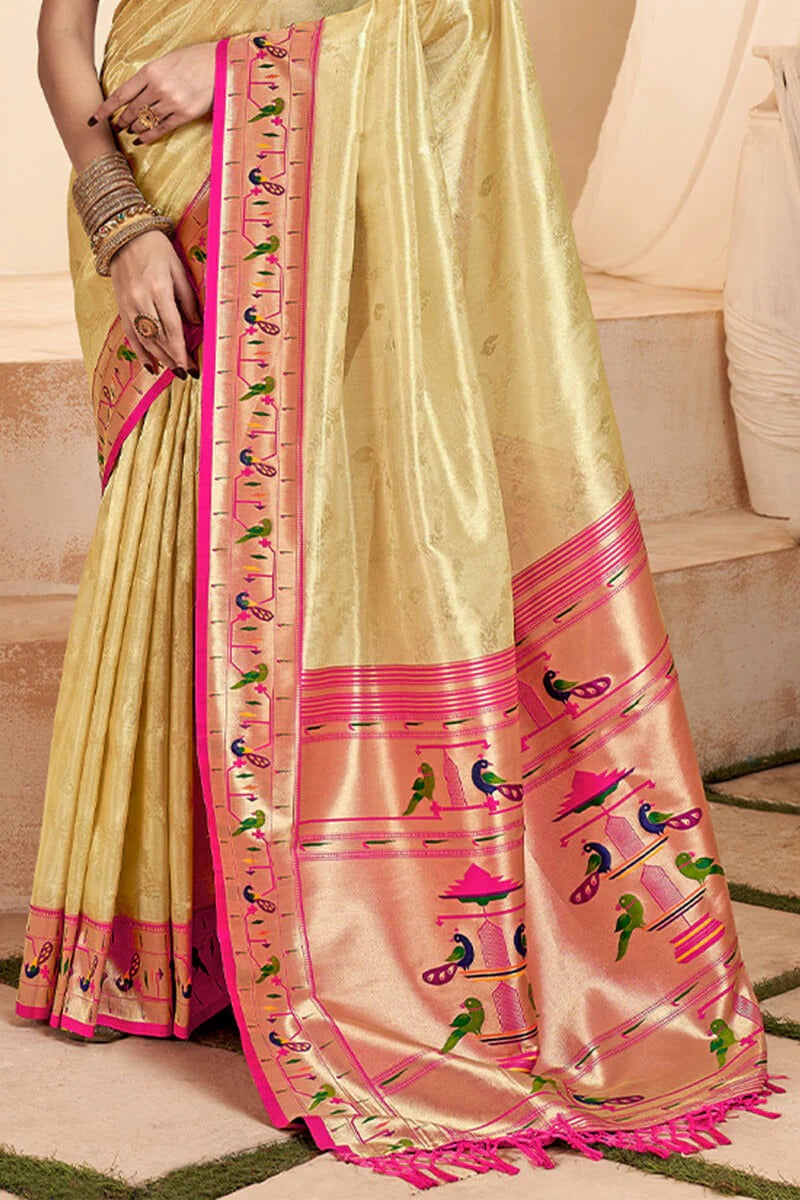 Mangalya Cream Pure Paithani Tissue Silk Weaving Saree
