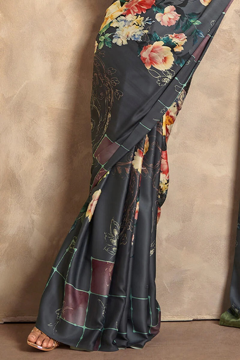 Winter Jat Black Soft Satin Silk Printed Saree