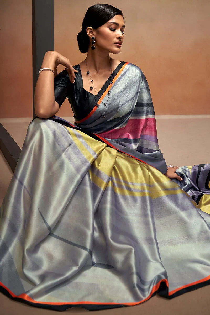 Bollywood Grey Soft Satin Silk Printed Saree
