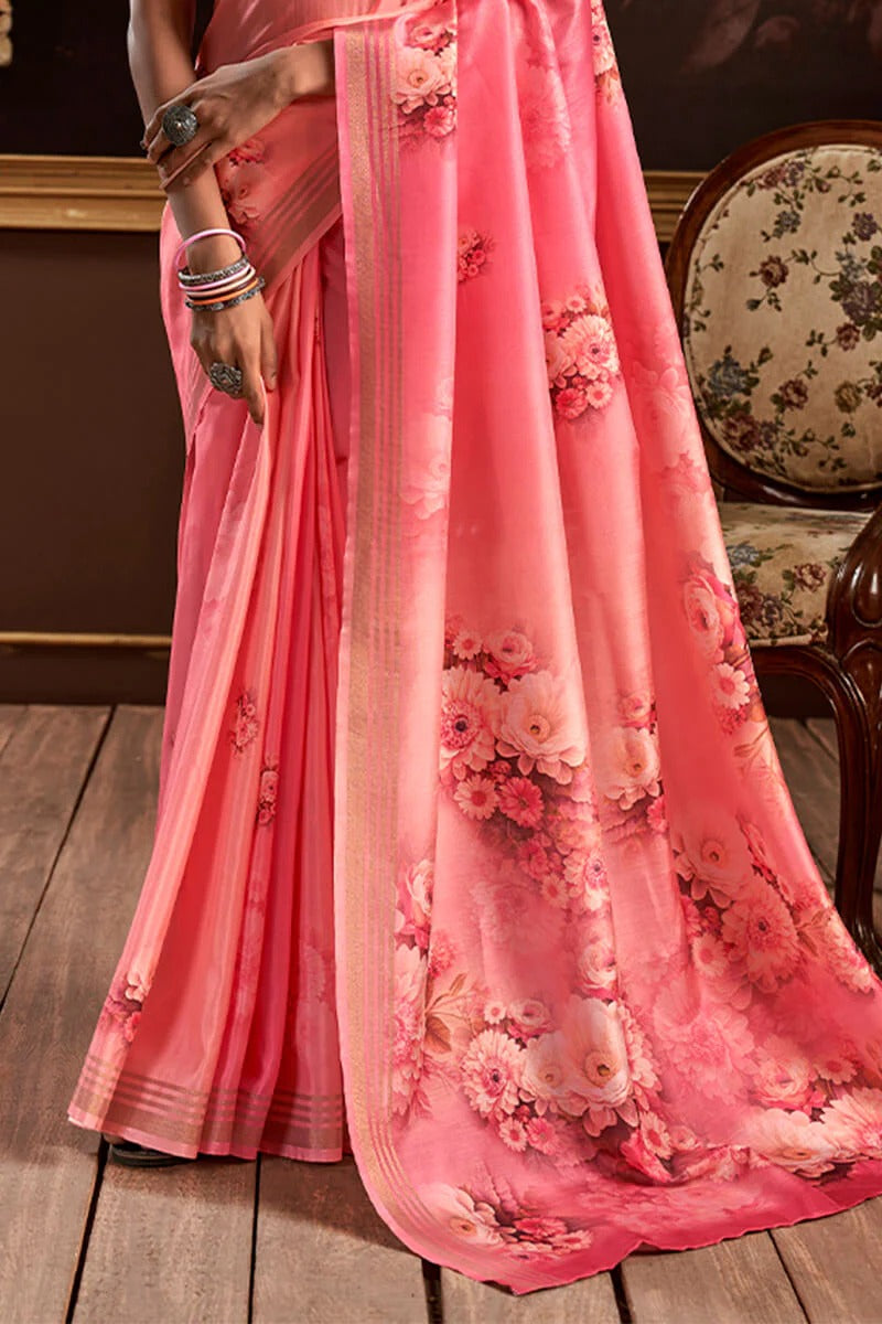 Gangotri Dusty Pink Soft Handloom Silk Floral Printed Saree