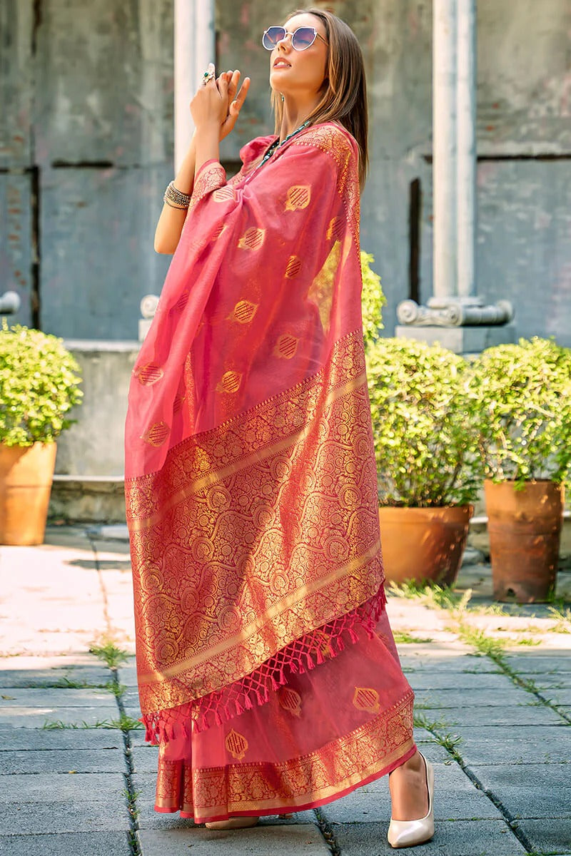 Zil Sunset Pink Banarasi Soft Tissue Silk Weaving Saree