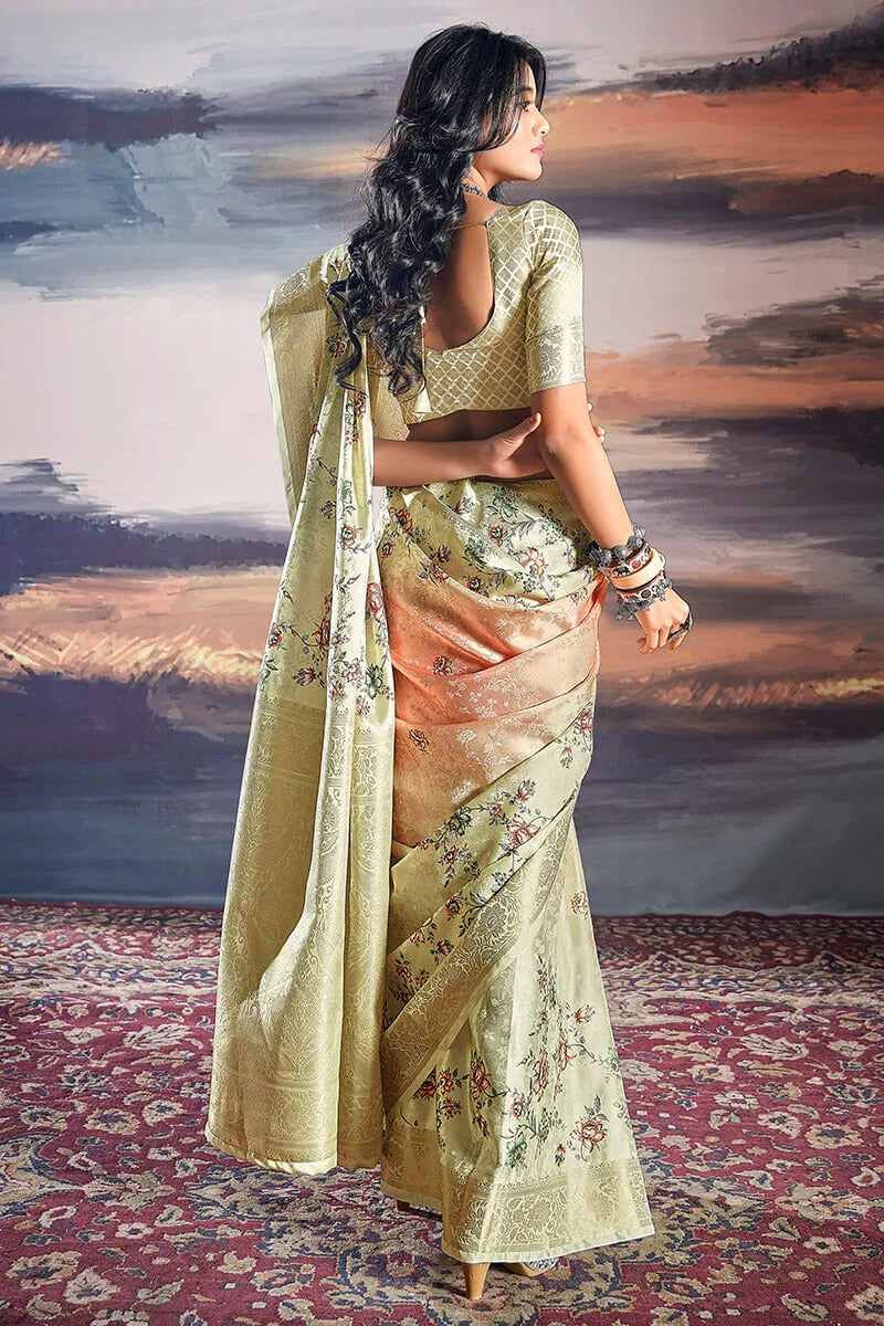 Pratishtha Almond Cream Pure Satin Silk Self Weaving Printed Saree