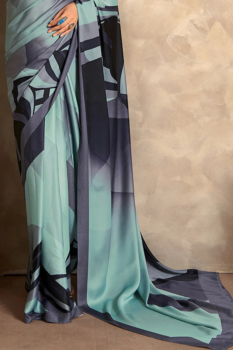 Jasmin Capri Blue Soft Satin Silk Printed Saree