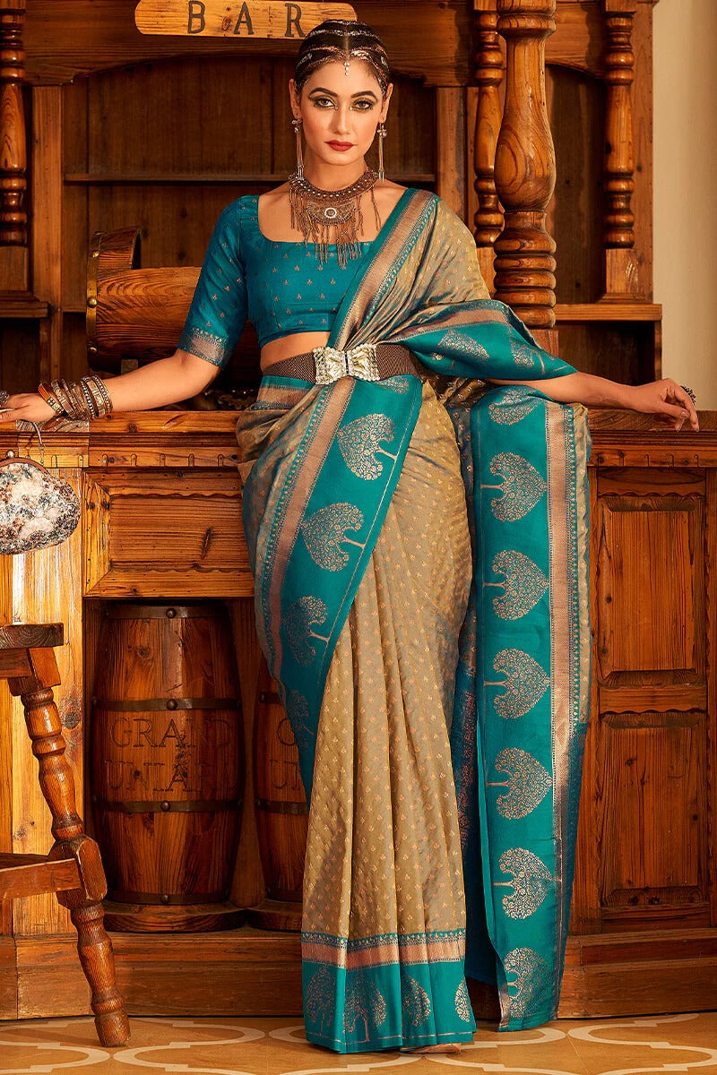 Vrishbha Blueish Beige Soft Banarasi Silk Zari Weaving Saree