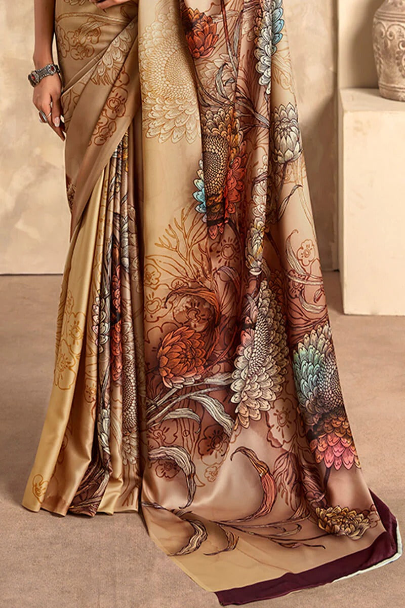 Winter Dearest Clay Soft Satin Silk Printed Saree