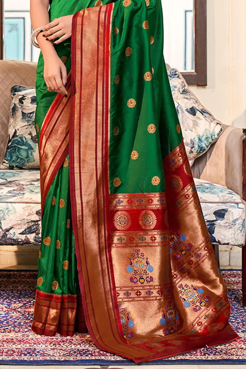 Apporva Dark Green Pure Soft Paithani Silk Weaving Saree