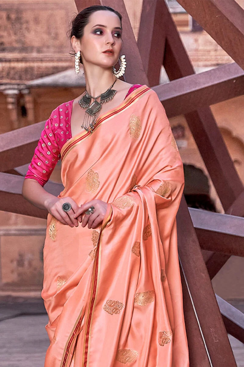 Neha Terra Peach Banarasi Satin Silk Weaving Saree