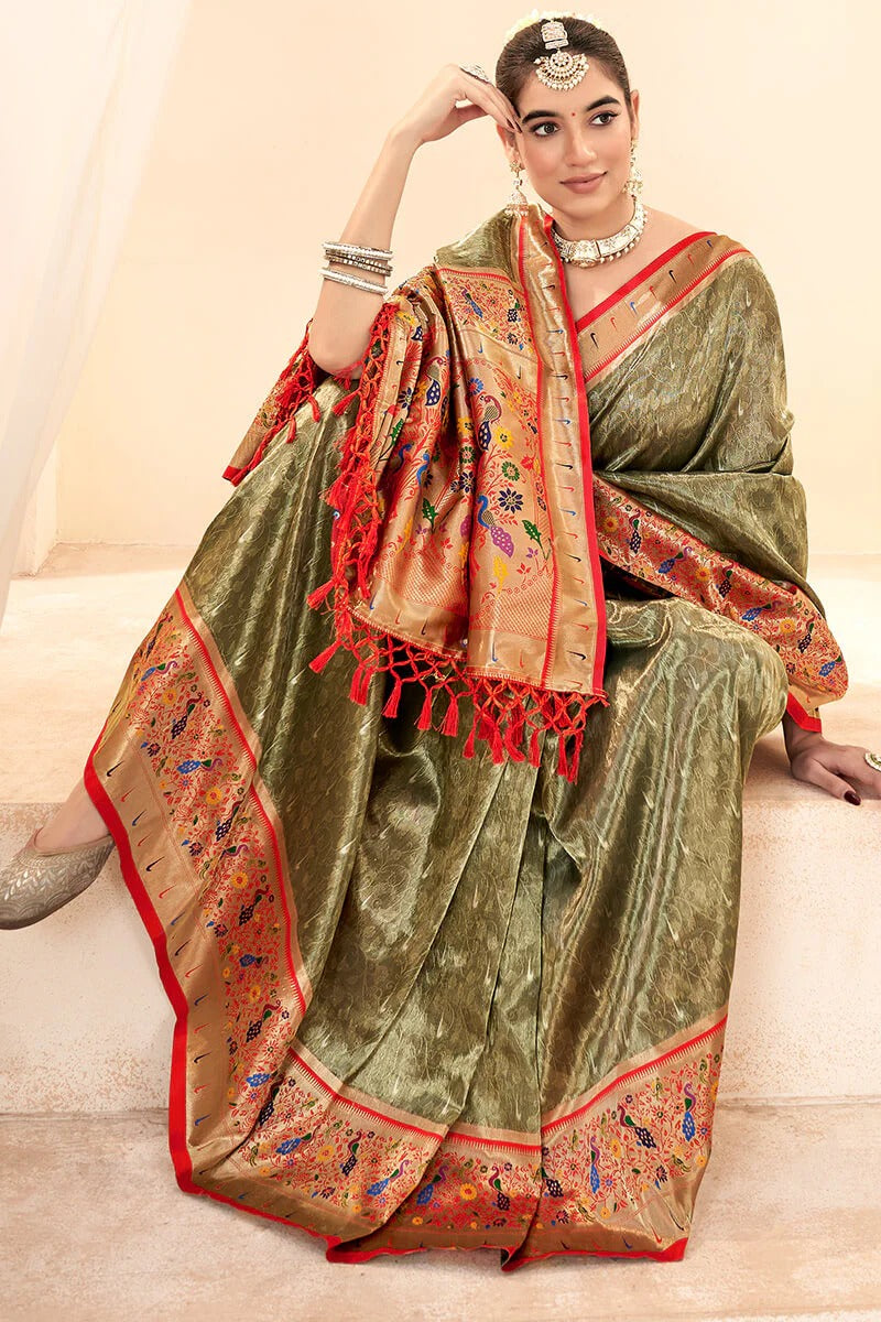 Lavnya Mud Brown Pure Paithani Tissue Silk Weaving Saree