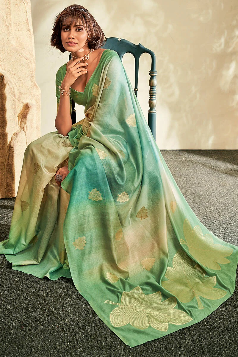 Asopalava Moss Green Pure Handloom Khadi silk Printed Saree