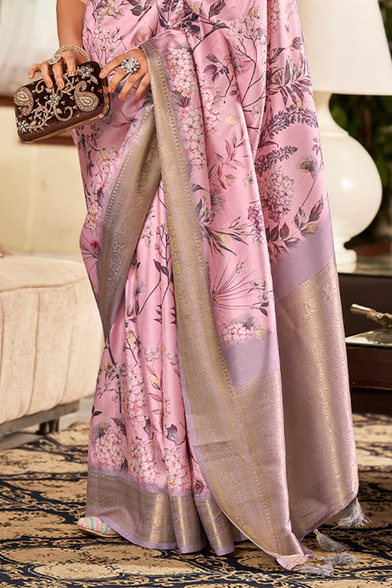 Shrinika Salmon Pink Pure Soft Silk Printed Saree