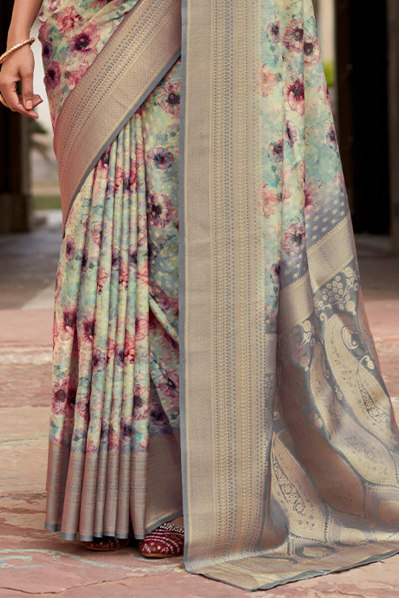 Kavisha Smoky Grey Nylon Crape Printed Silk Weaving Saree