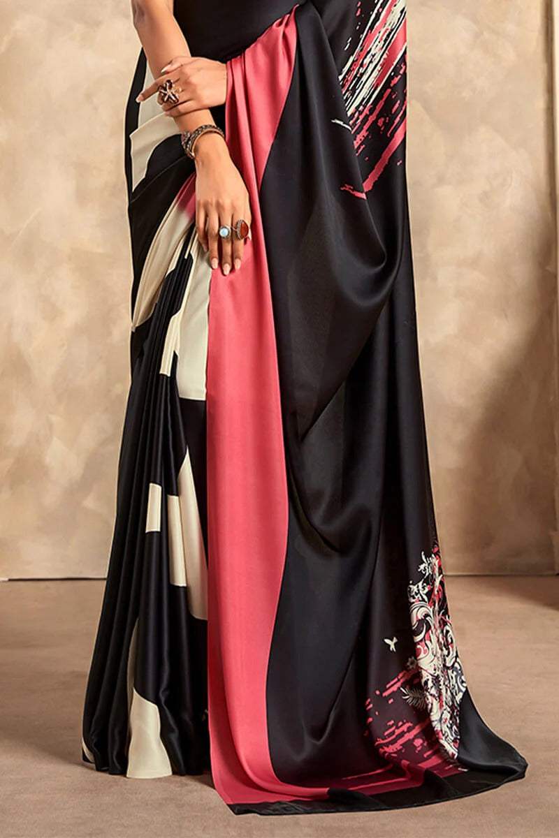 Jasmin Black Beige Soft Satin Silk Printed Saree