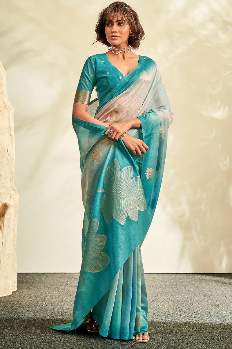 Asopalava Powder Blue Pure Handloom Khadi silk Printed Saree