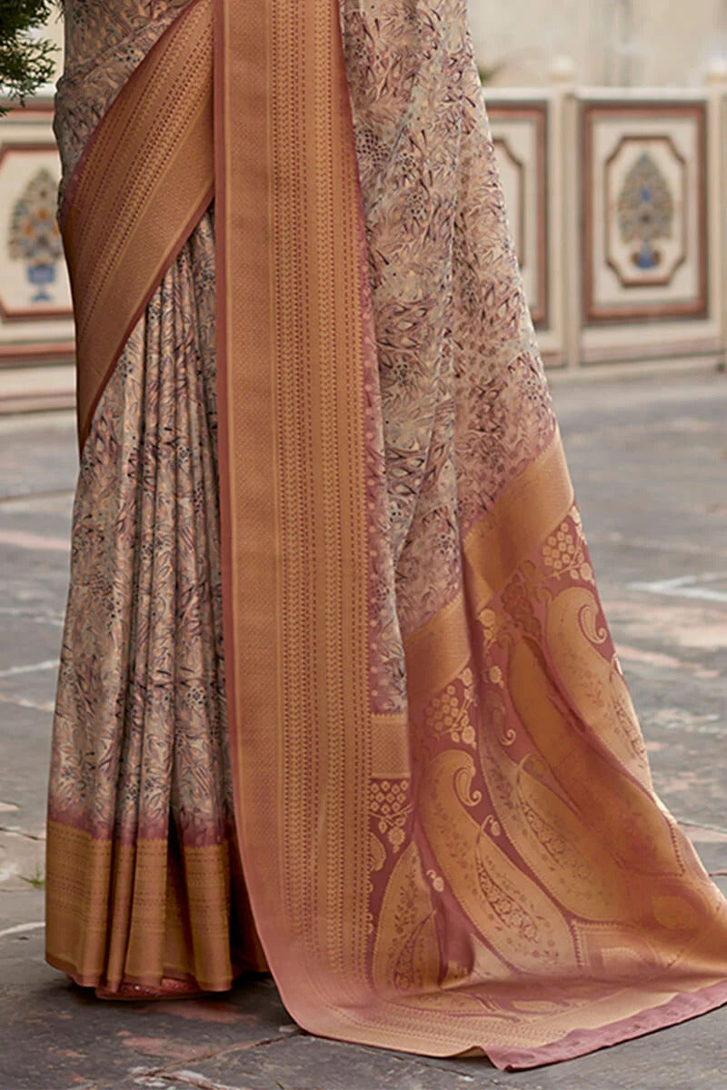 Kavisha Beige Nylon Crape Printed Silk Weaving Saree