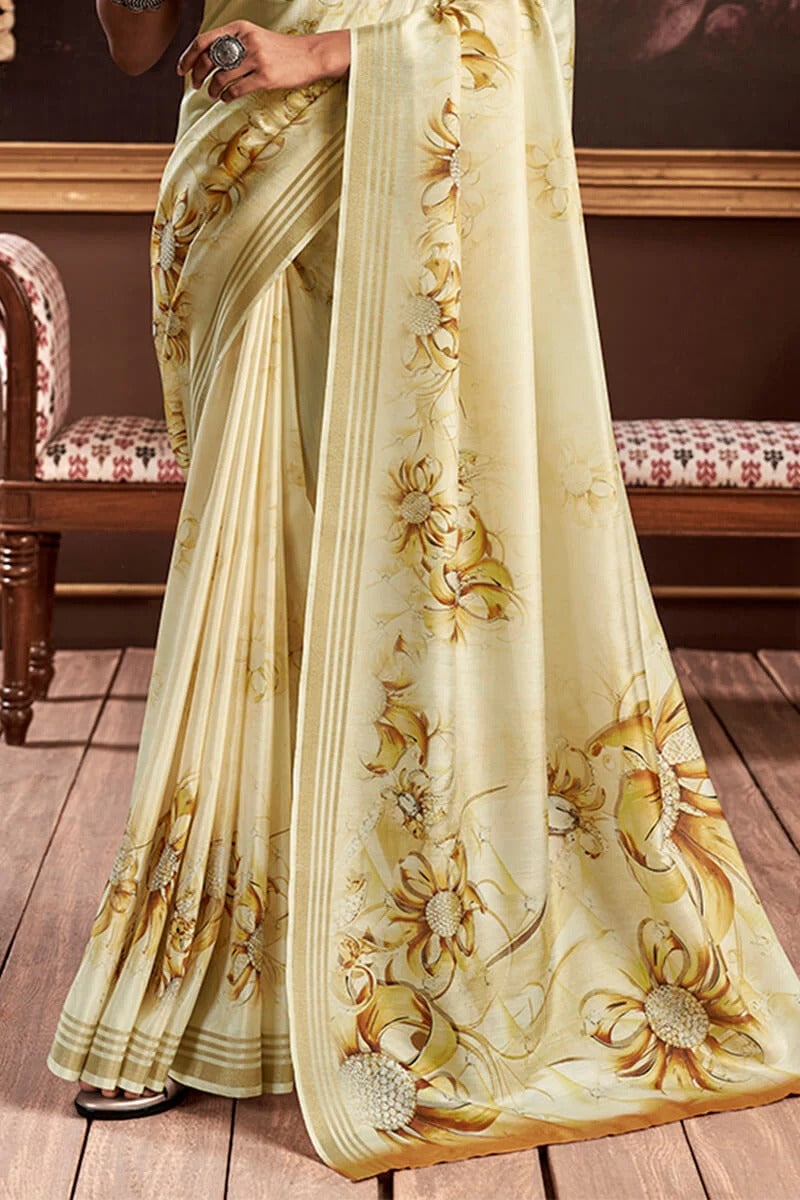 Gangotri Curry Yellow Soft Handloom Silk Floral Printed Saree
