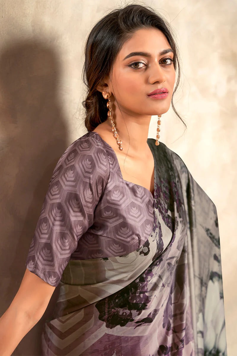 Winter Blackies Lavender Soft Satin Silk Printed Saree
