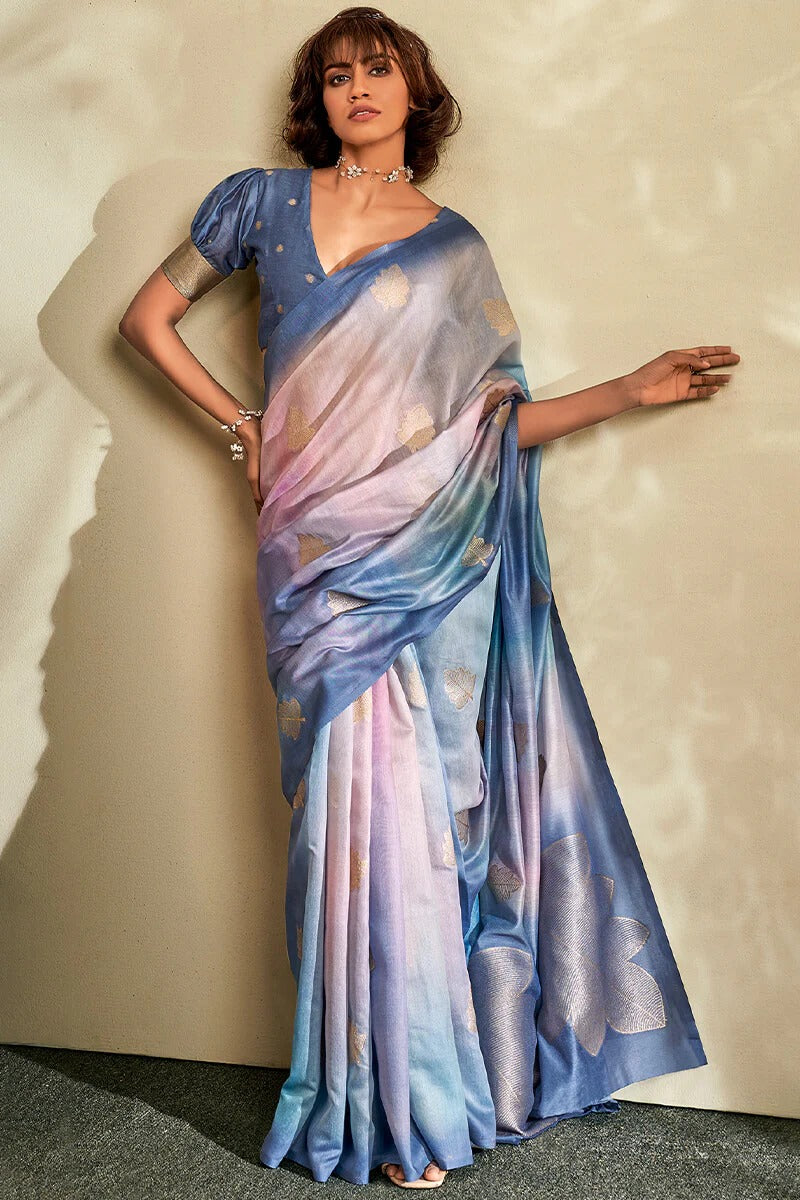 Asopalava Dusty Blue Pure Handloom Khadi silk Printed Saree