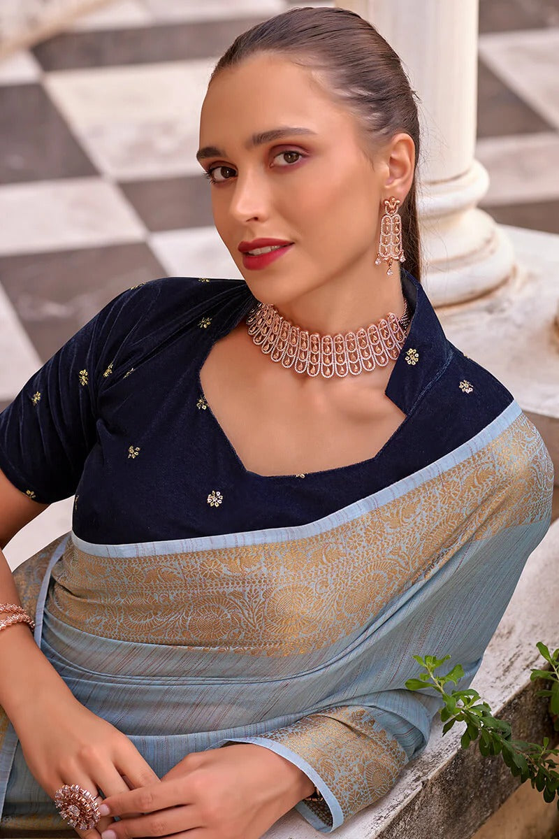 Rupa Dusty Blue Tissue Linen Silk Woven Saree