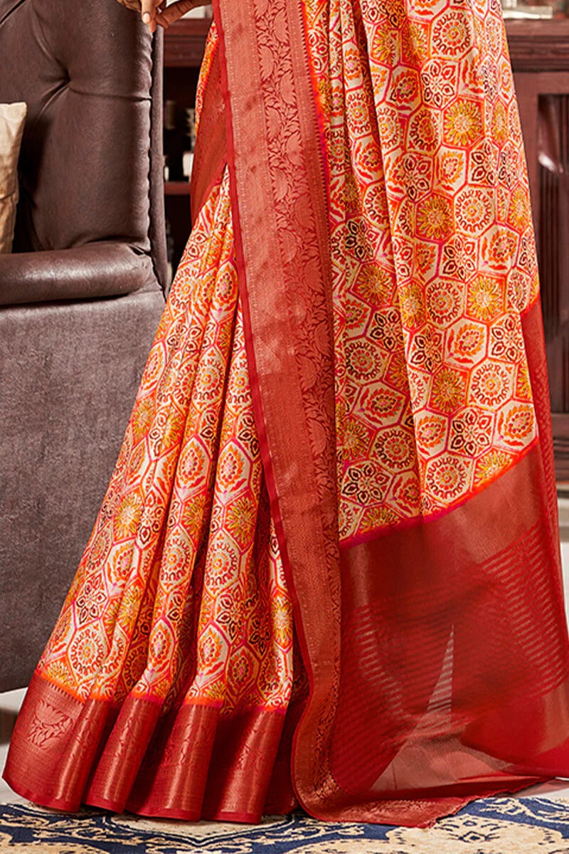 Sunhari Orange Pure Satin Silk Printed Saree