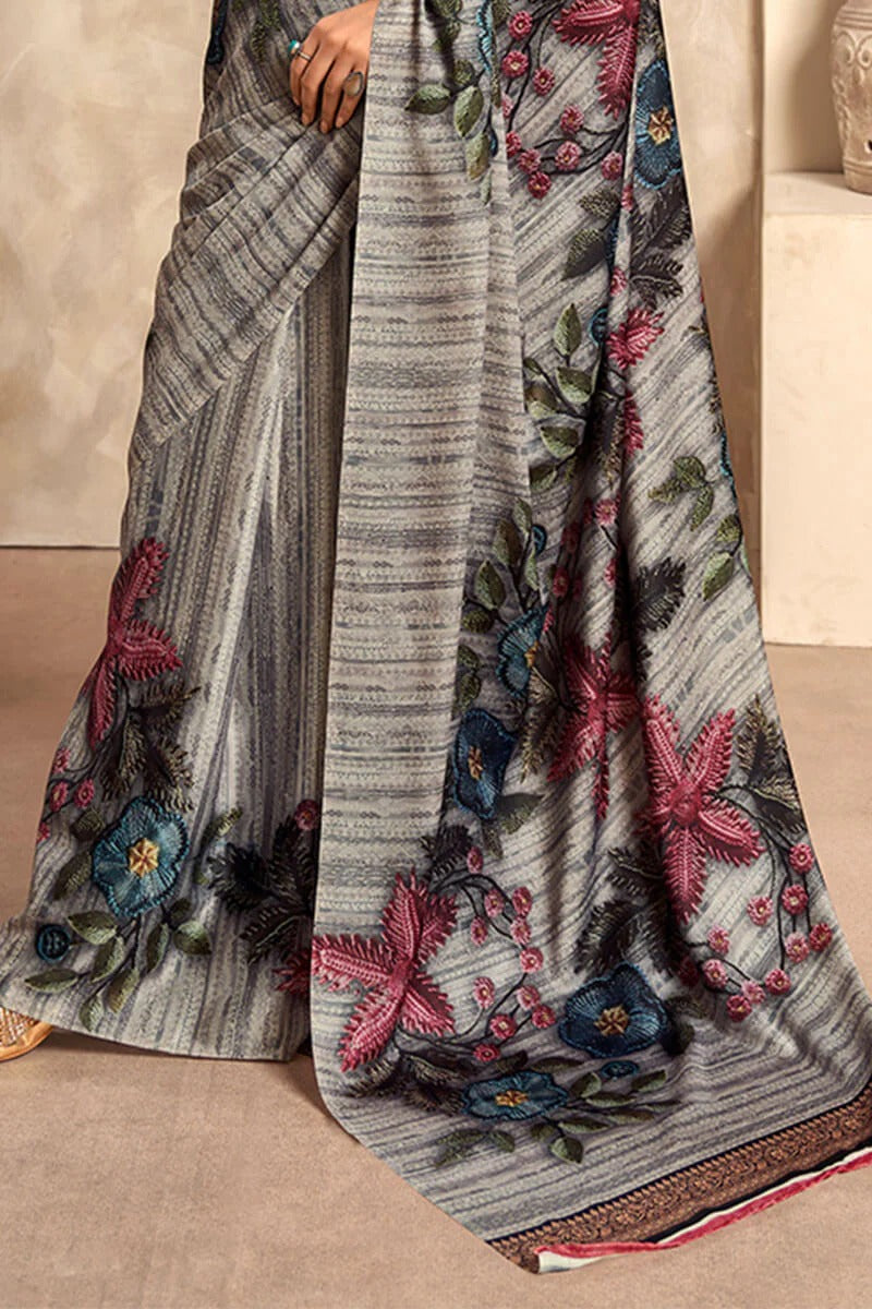Jasmin Frost Grey Soft Satin Silk Printed Saree