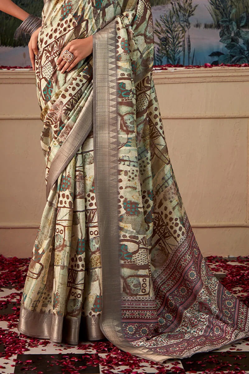 Shimoni Mist Grey Tussar Silk Printed Saree