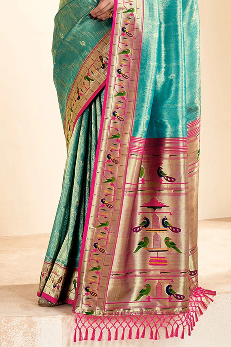 Mangalya Sky Teal Pure Paithani Tissue Silk Weaving Saree