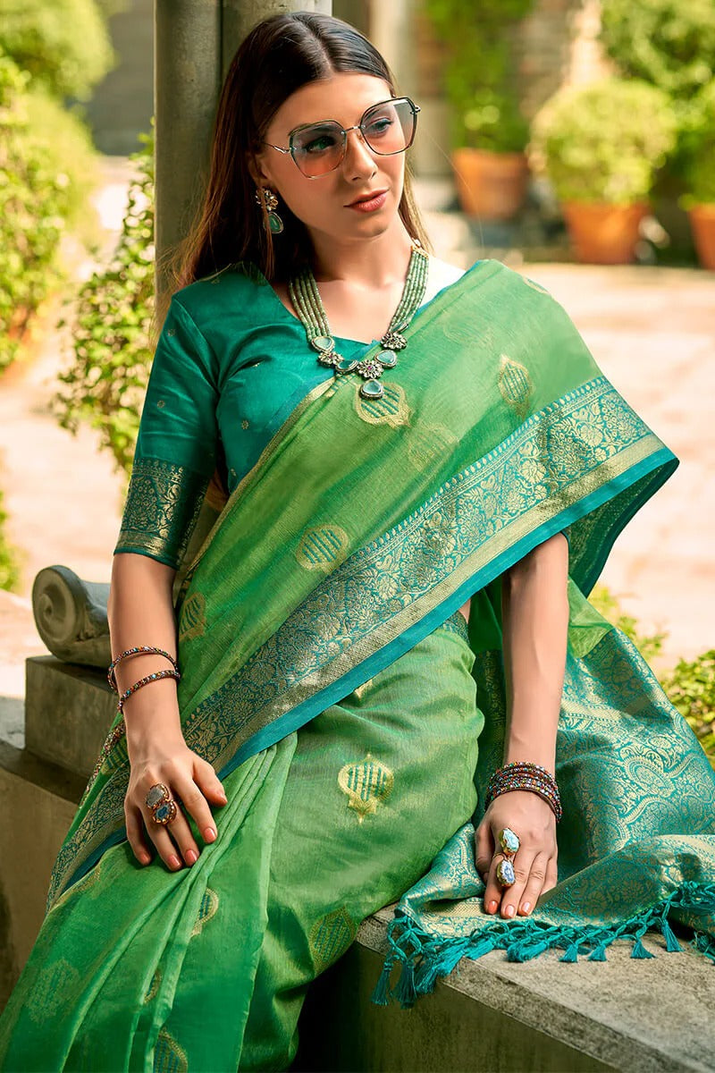 Zil spirit Green Banarasi Soft Tissue Silk Weaving Saree