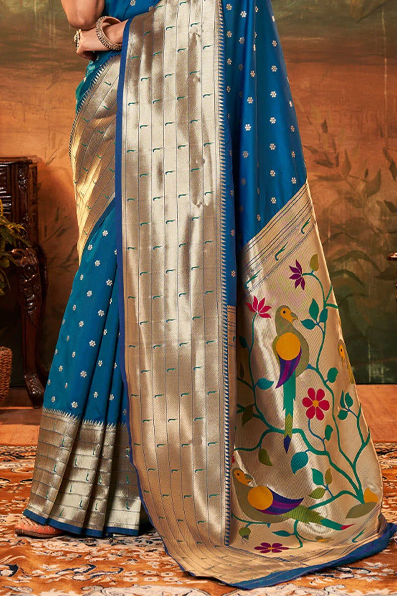Pavitra Cobalt Blue Pure Paithani Silk Zari Weaving Saree