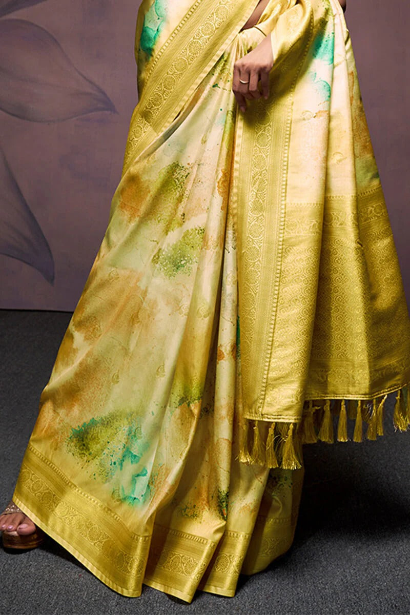 Rangrezza Yellow Soft Silk Printed Saree