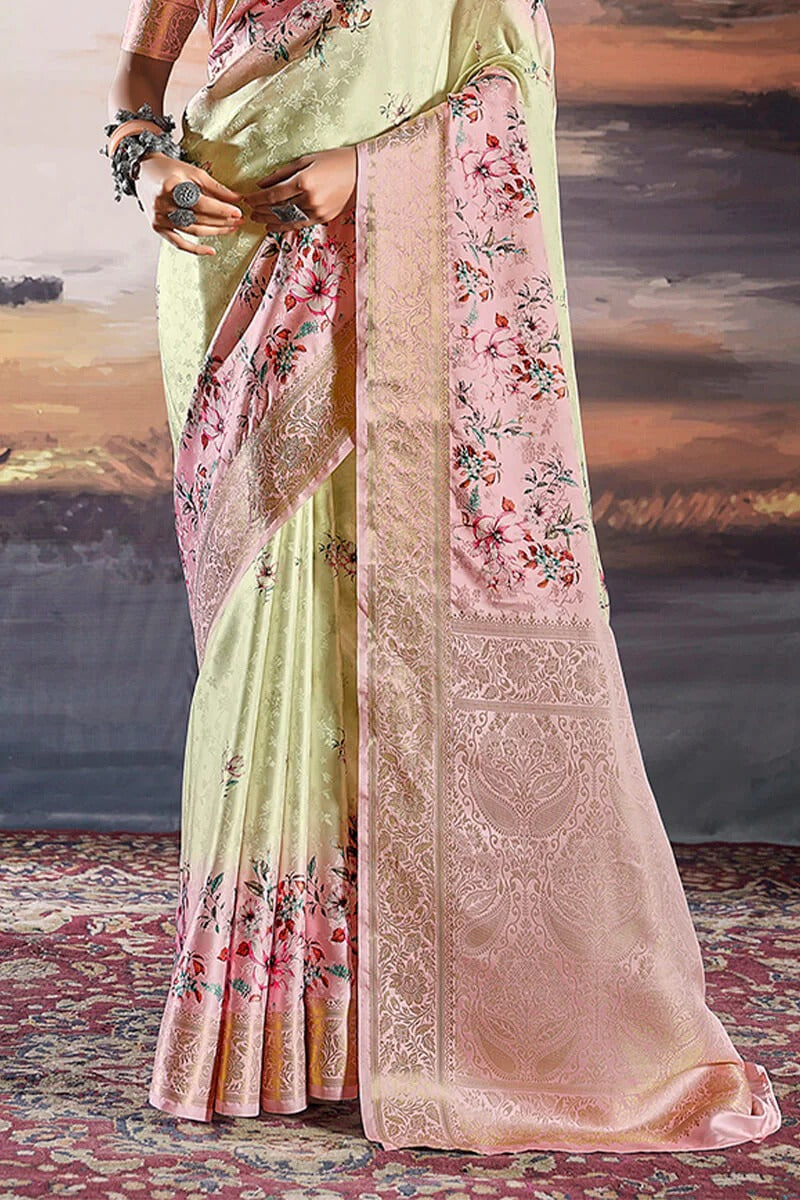 Pratishtha Sunwashed Beige Pure Satin Silk Self Weaving Printed Saree