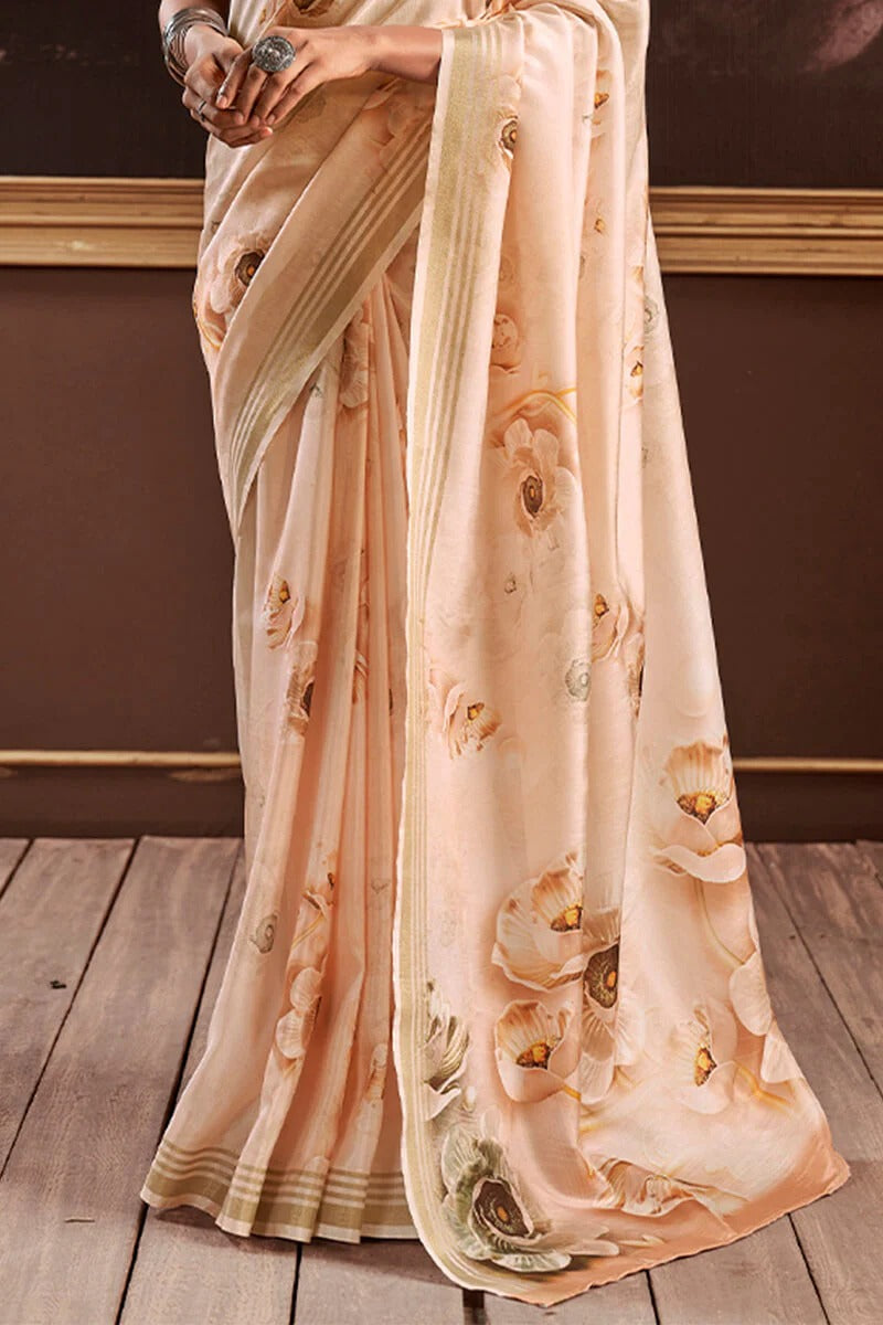 Gangotri Petal Peach Soft Handloom Silk Floral Printed Saree