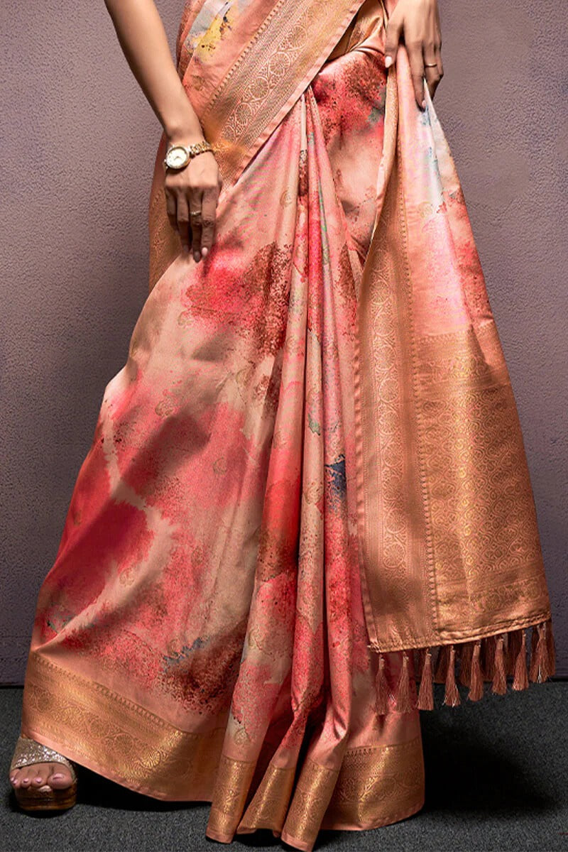 Rangrezza Peach Soft Silk Printed Saree