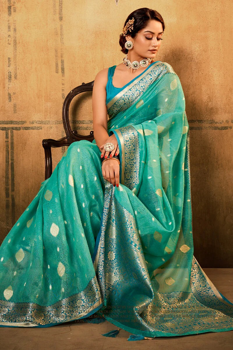 Petals mint Blue Banarasi Tissue Silk Weaving Saree