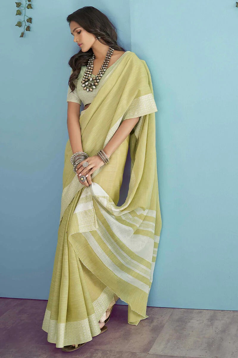 Aarzoo Acid Yellow Chikankari Linen Silk Weaved Saree