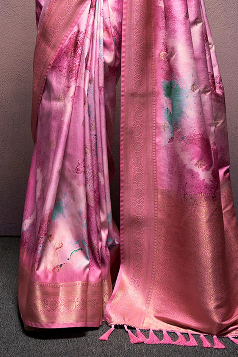Rangrezza Coral Pink Soft Silk Printed Saree