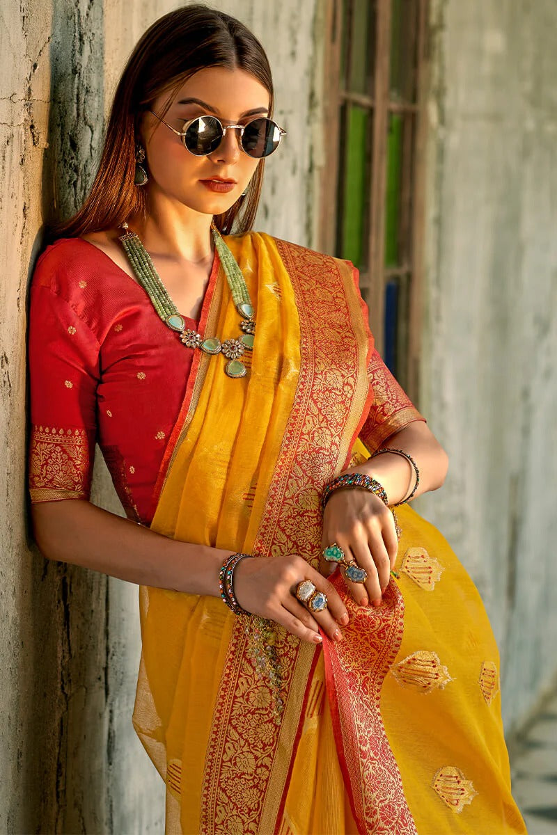 Zil Sunburnt Yellow Banarasi Soft Tissue Silk Weaving Saree
