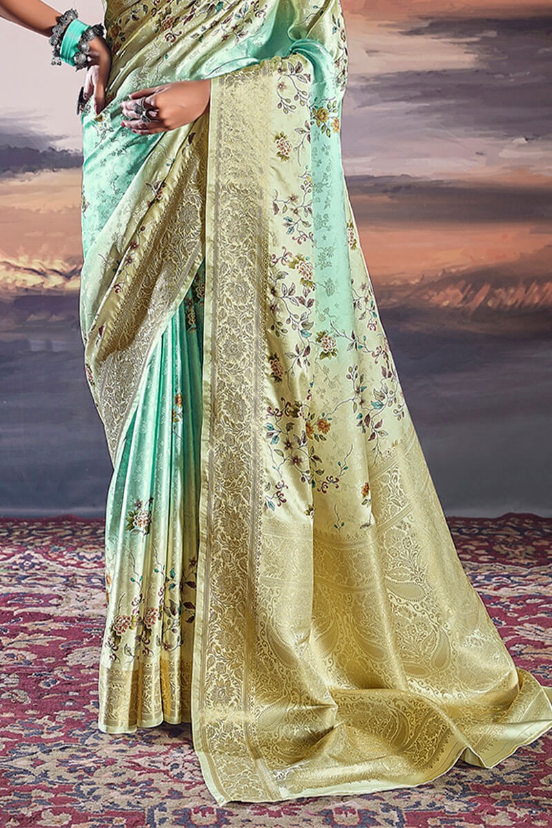 Pratishtha Pestle Green Pure Satin Silk Self Weaving Printed Saree
