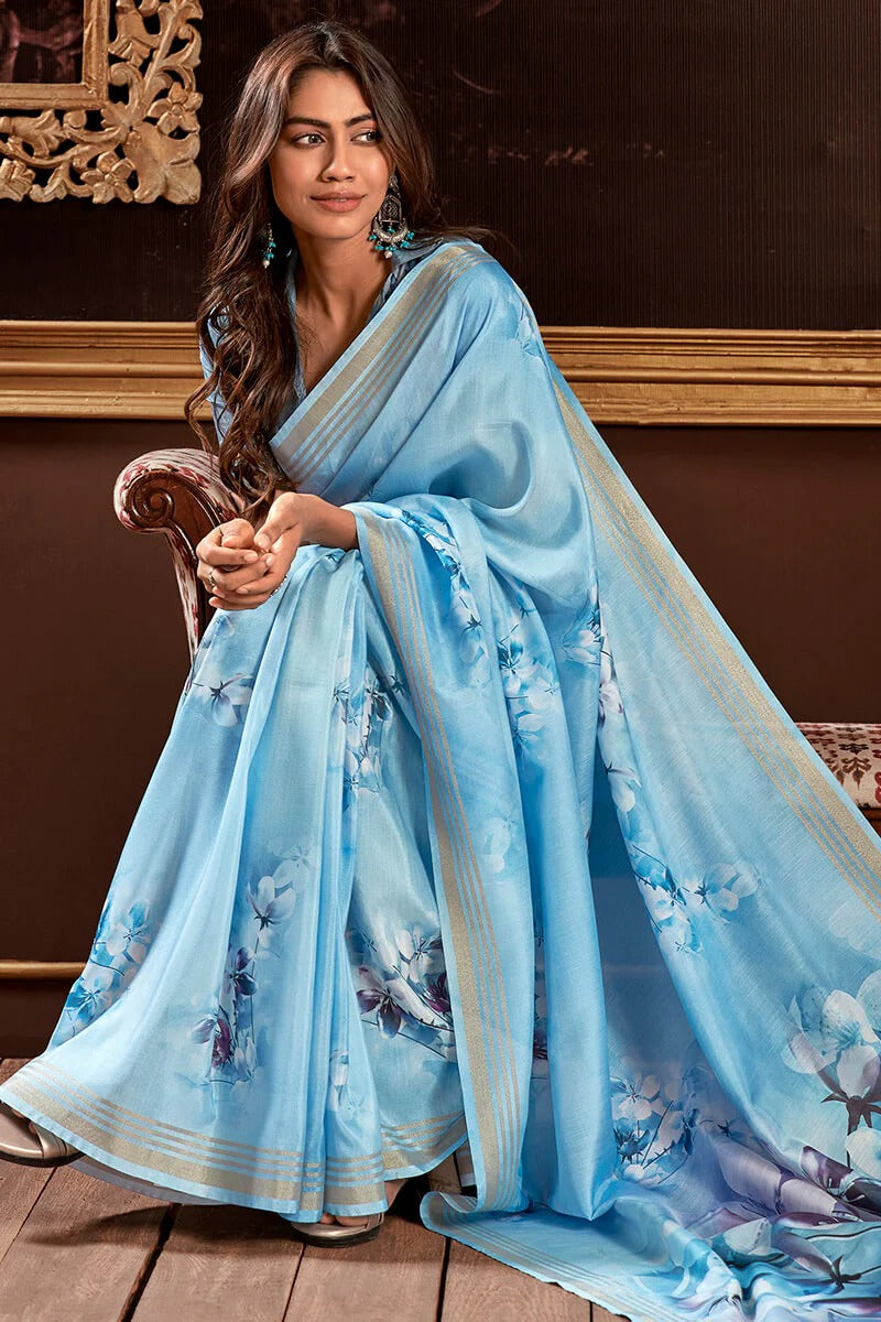 Gangotri Ether Blue Soft Handloom Silk Floral Printed Saree