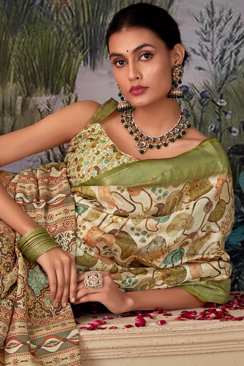 Shimoni Pestel Olive Tussar Silk Printed Saree