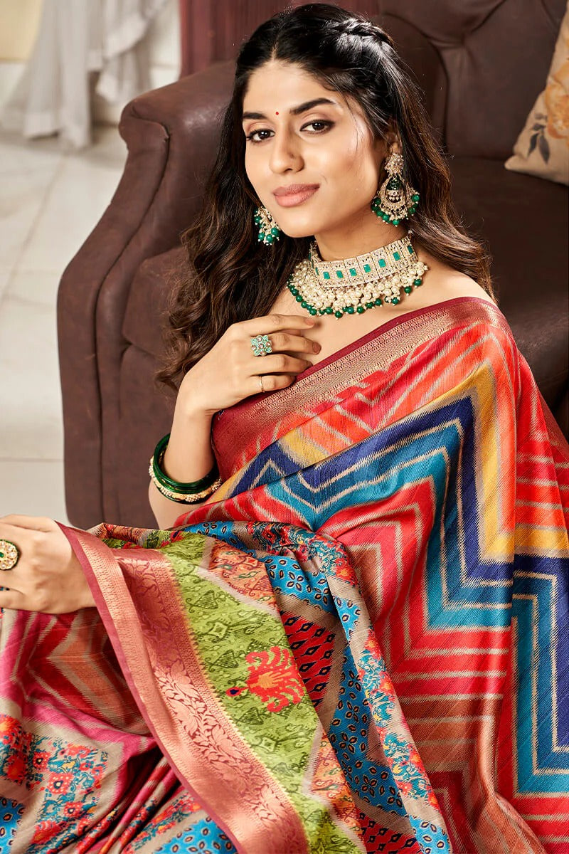 Sunhari Multicolor Pure Satin Silk Printed Saree