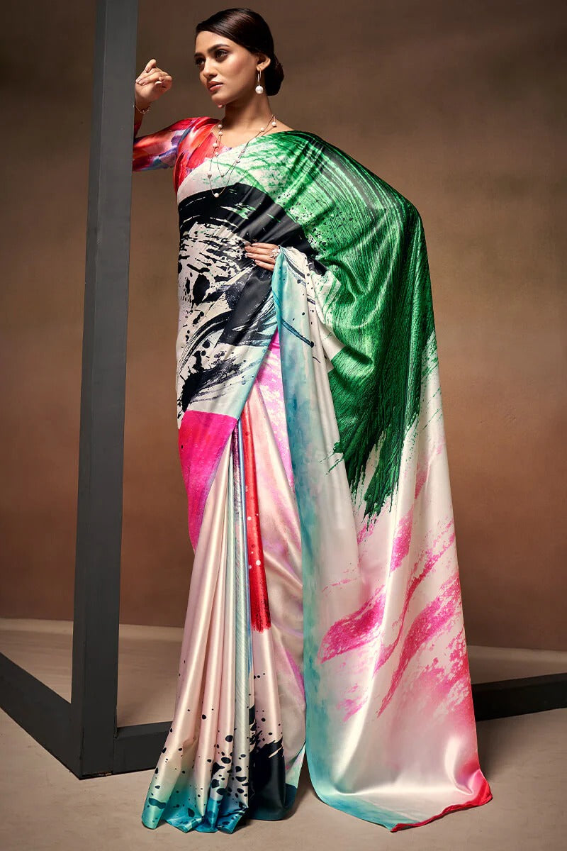 Bollywood Multicolor Soft Satin Silk Printed Saree