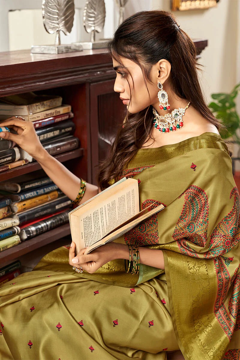 Sunhari Moss Green Pure Satin Silk Printed Saree