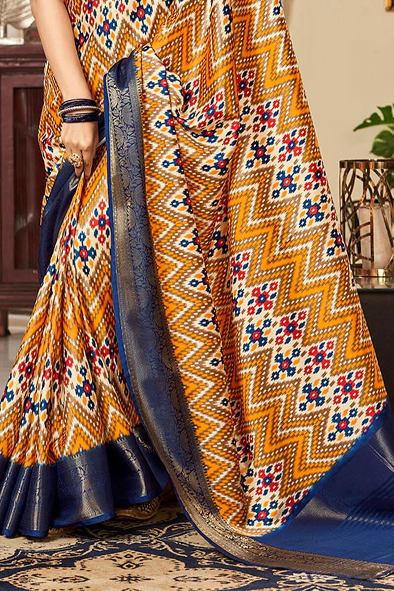 Sunhari Umber Gold Pure Satin Silk Printed Saree