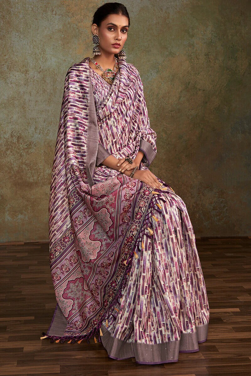 Ritika Dusty Lavender Soft Silk Printed with Sequence Weaving Saree