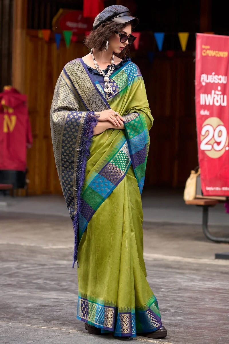 Rangoli Smoky Green Pure Soft  Banarasi Silk Weaving Saree