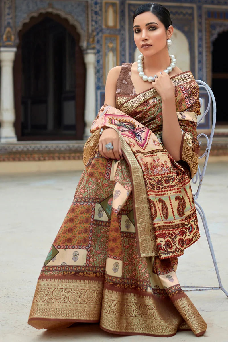 Saaria Charred Brown Dola Silk Printed Saree