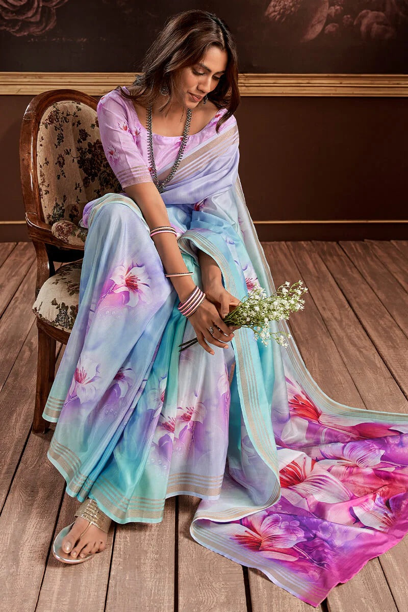 Gangotri Sky Blue Soft Handloom Silk Floral Printed Saree